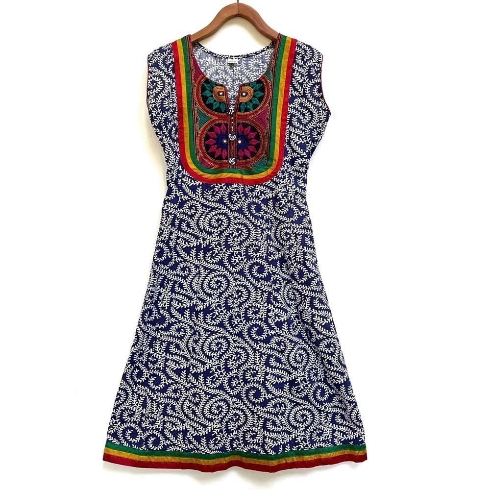 Embroidered Multicolor Summer Floral Kurti Dress, Size L